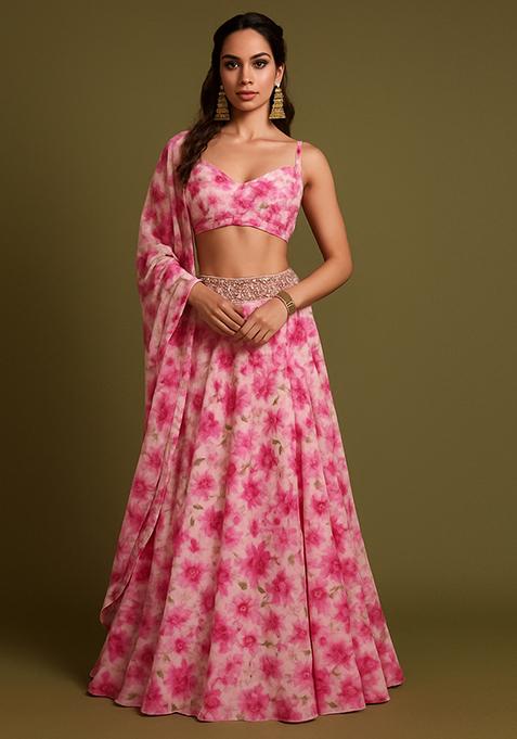 Pink Printed Chiffon Lehenga Set