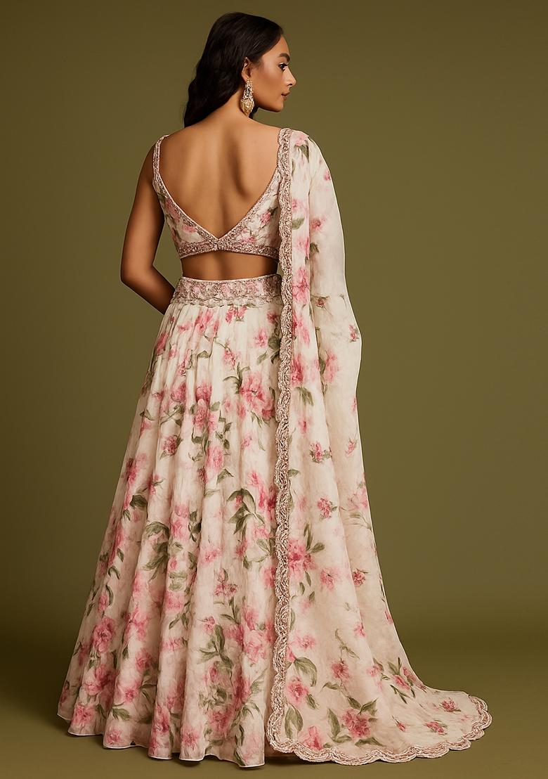 Pink Printed Polyester Lehenga Set - Indya