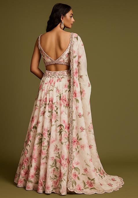 Pink Printed Polyester Lehenga Set