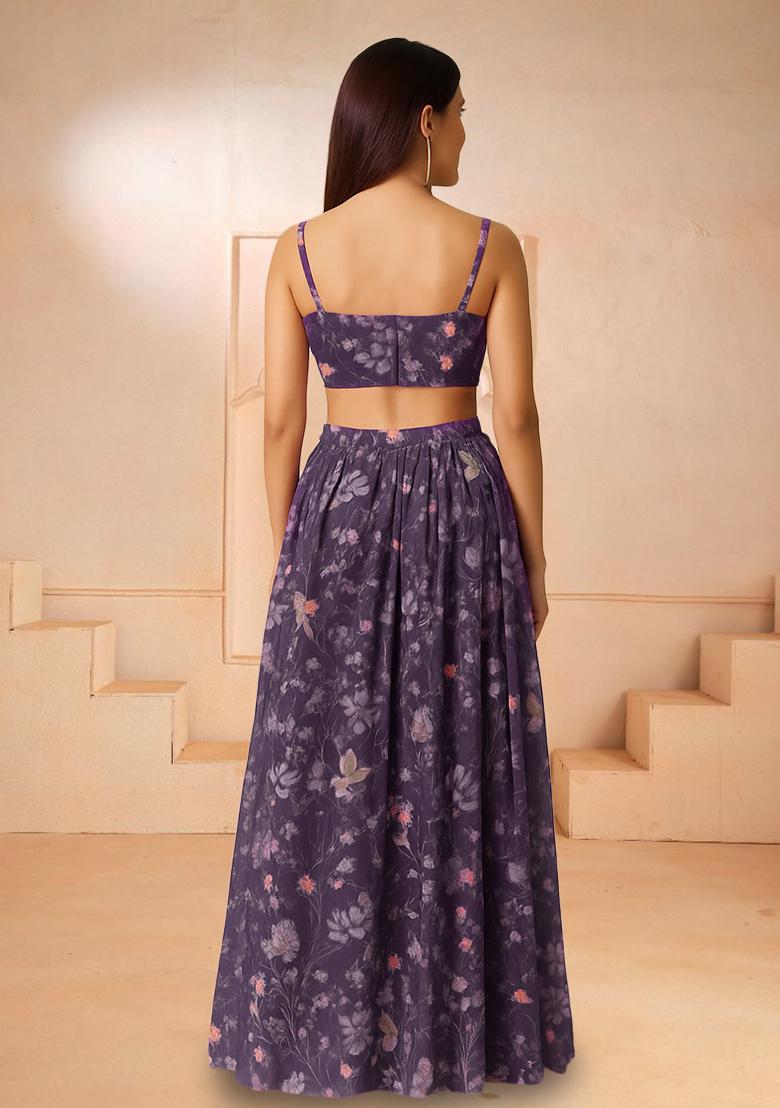 Purple Printed Chiffon Lehenga Set - Indya
