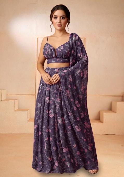 Purple Printed Chiffon Lehenga Set — view on Indya