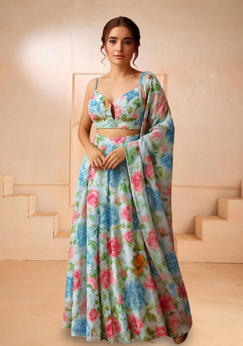 Blue Printed Chiffon Lehenga Set