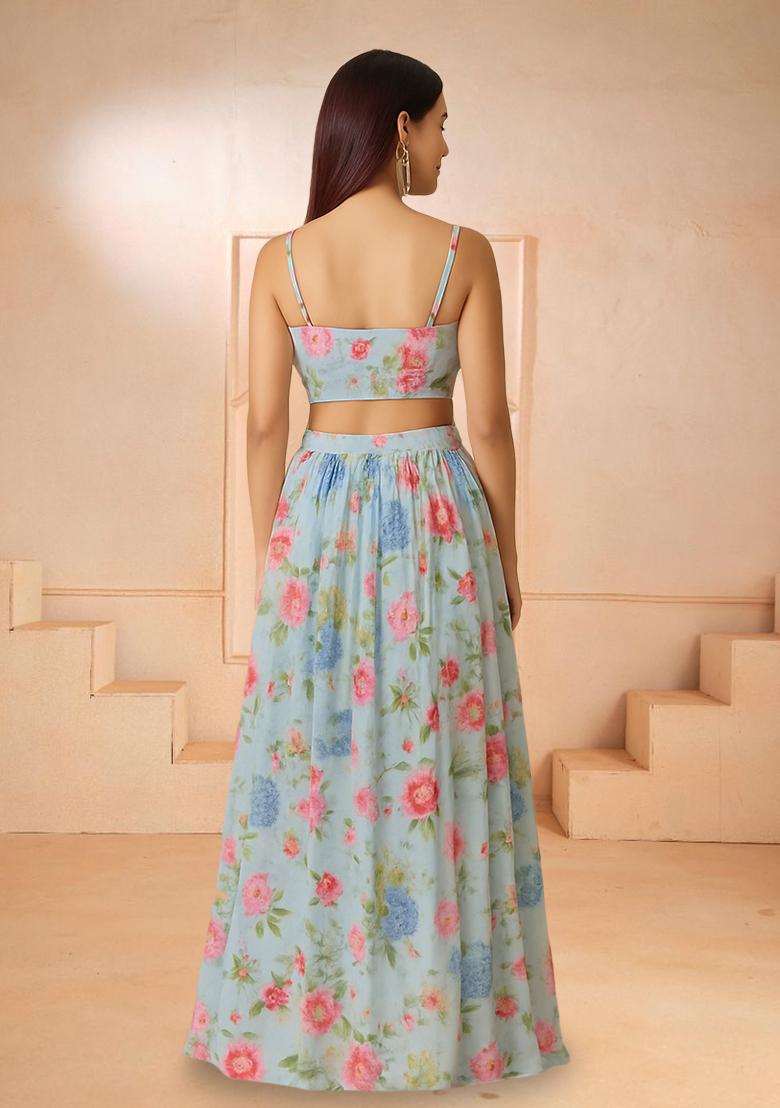 Blue Printed Chiffon Lehenga Set - Indya
