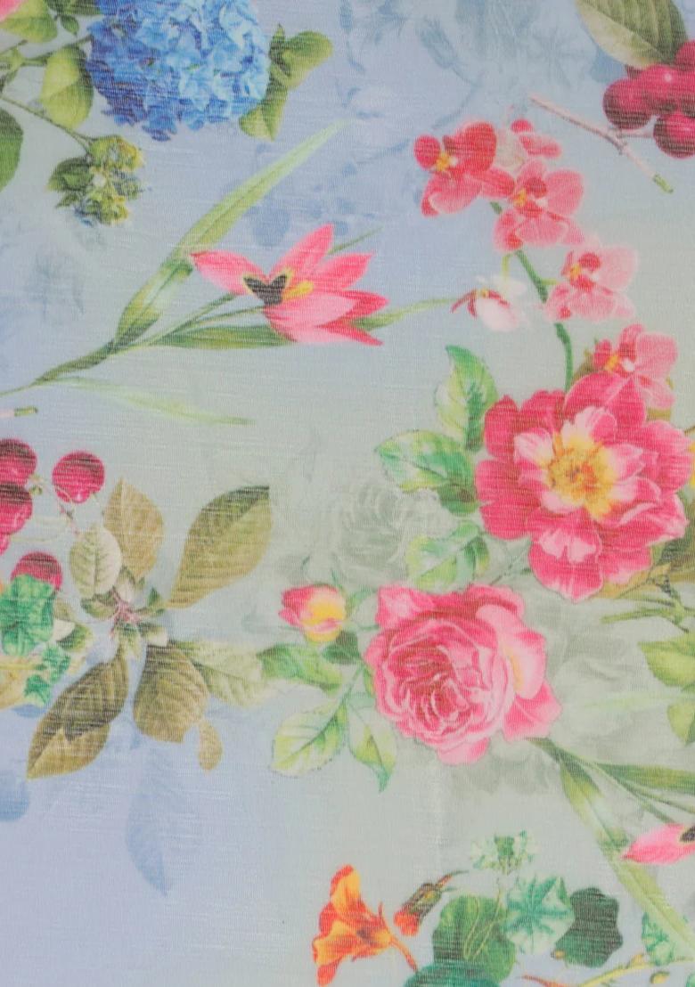 Blue Printed Chiffon Lehenga Set - Indya