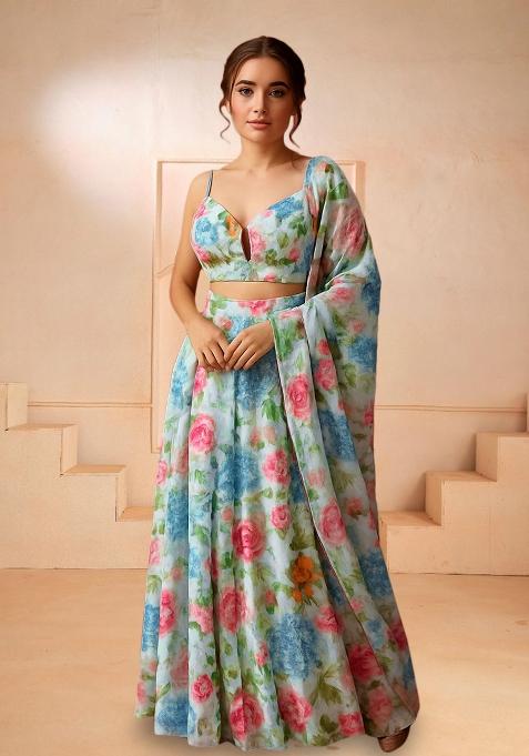 Blue Printed Chiffon Lehenga Set