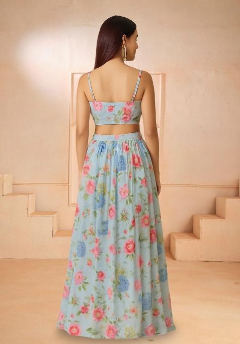 Blue Printed Chiffon Lehenga Set