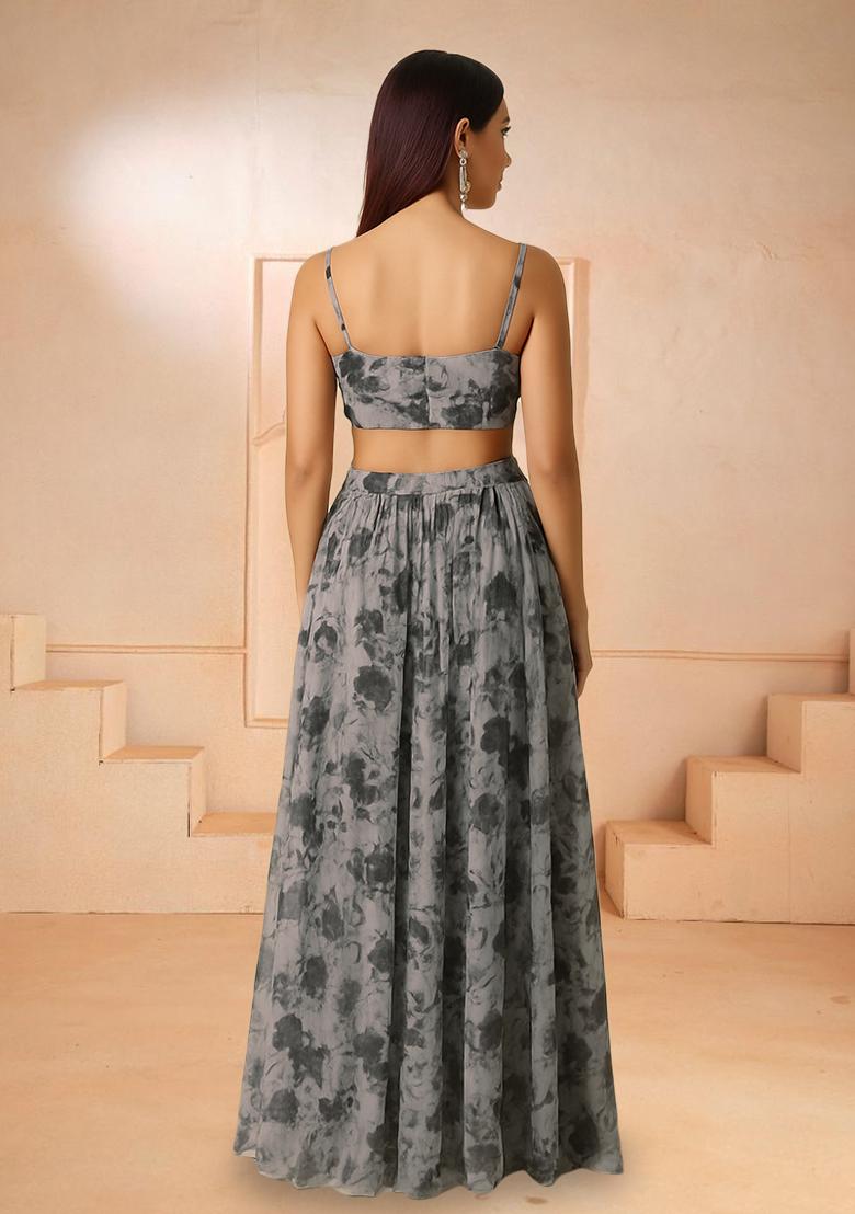 Grey Printed Chiffon Lehenga Set - Indya