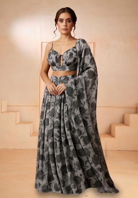 Grey Printed Chiffon Lehenga Set — view on Indya