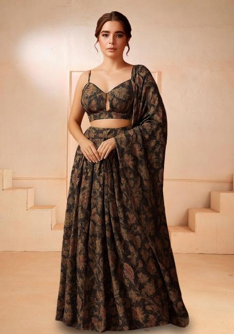 Black Printed Chiffon Lehenga Set
