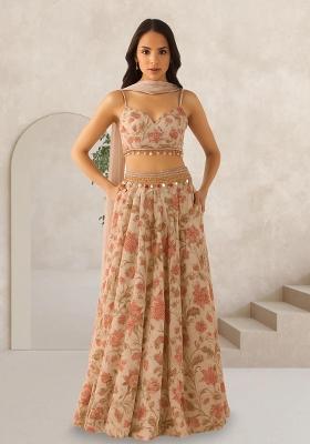 Beige Printed Chiffon Lehenga Set