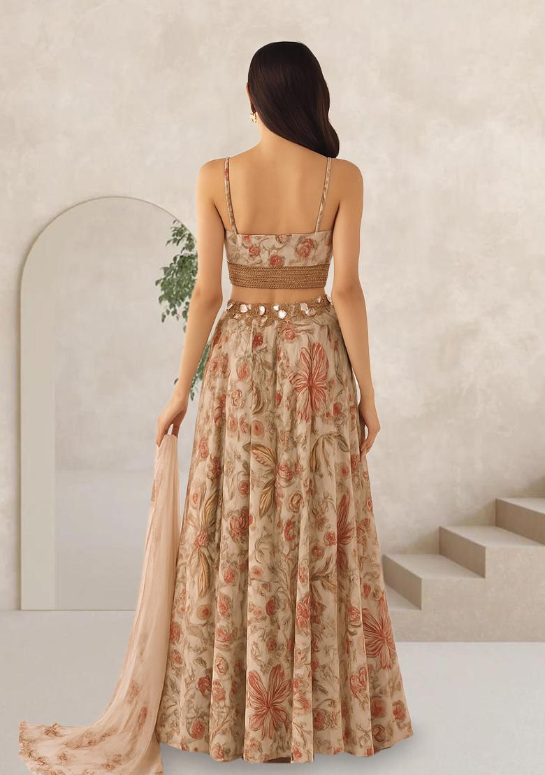 Beige Printed Chiffon Lehenga Set - Indya