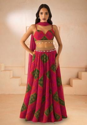 Green Printed Chiffon Lehenga Set