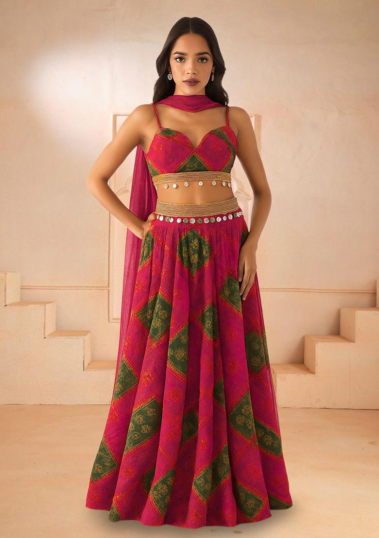 Pink Printed Chiffon Lehenga Set