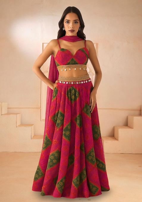 Pink Printed Chiffon Lehenga Set