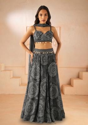 Grey Printed Chiffon Lehenga Set