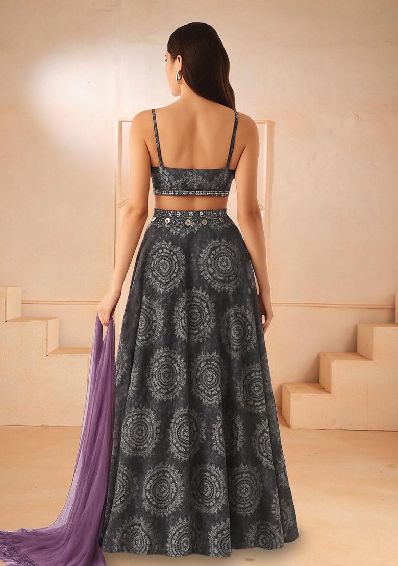 Grey Printed Chiffon Lehenga Set - Indya
