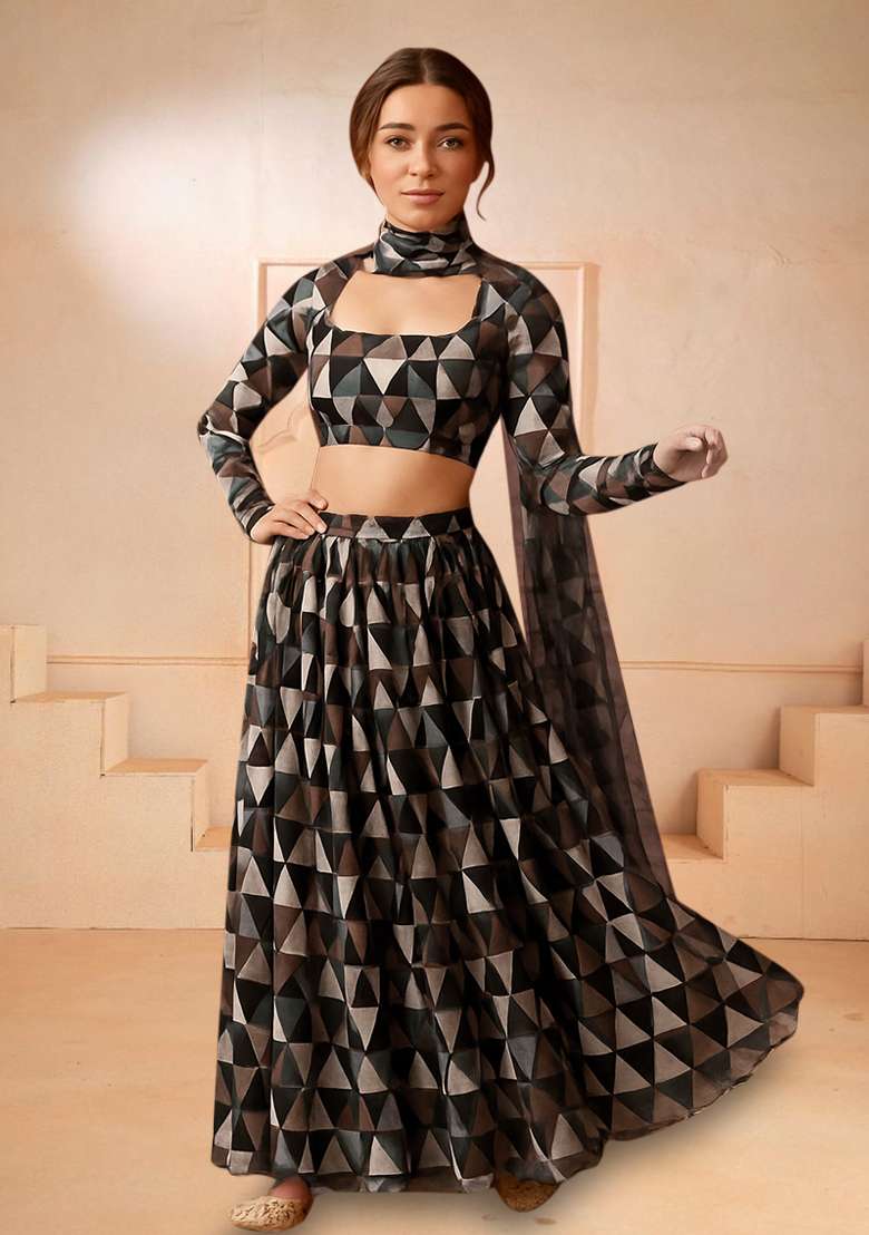 Grey Printed Chiffon Lehenga Set - Indya