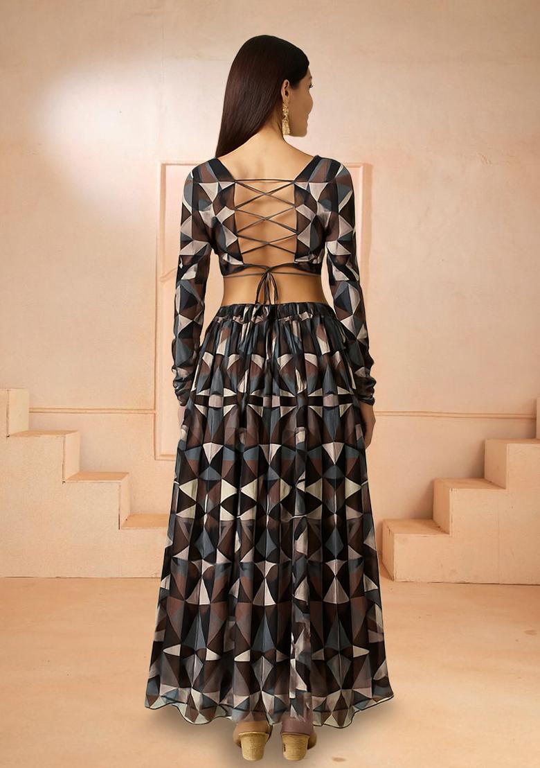 Grey Printed Chiffon Lehenga Set - Indya