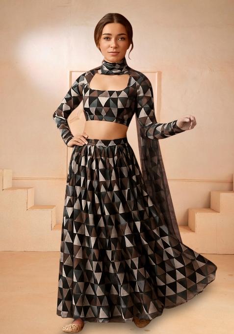 Grey Printed Chiffon Lehenga Set