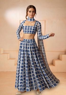White Printed Chiffon Lehenga Set