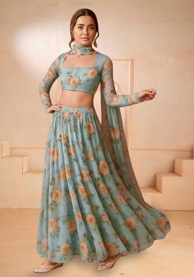 Blue Printed Chiffon Lehenga Set