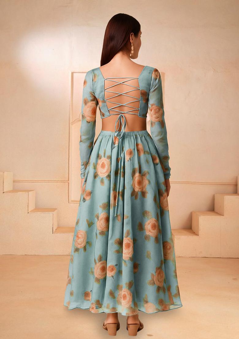 Blue Printed Chiffon Lehenga Set - Indya