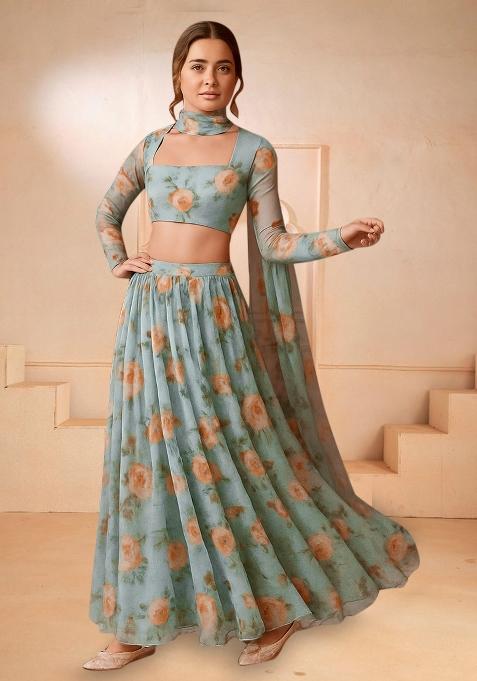 Blue Printed Chiffon Lehenga Set