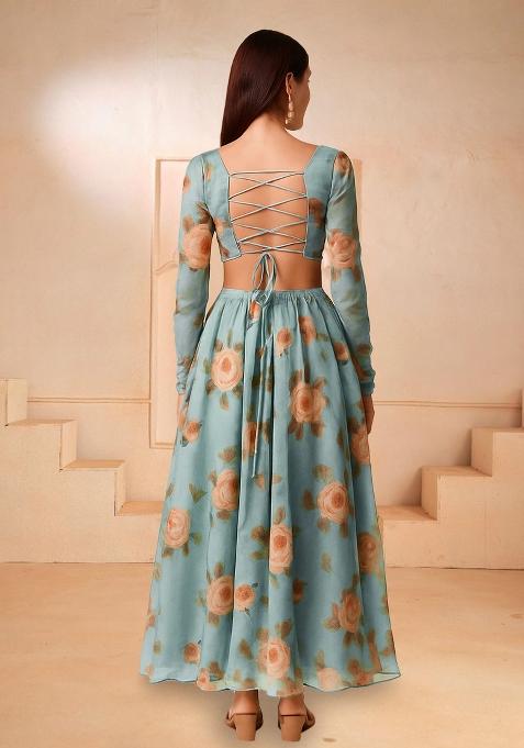 Blue Printed Chiffon Lehenga Set