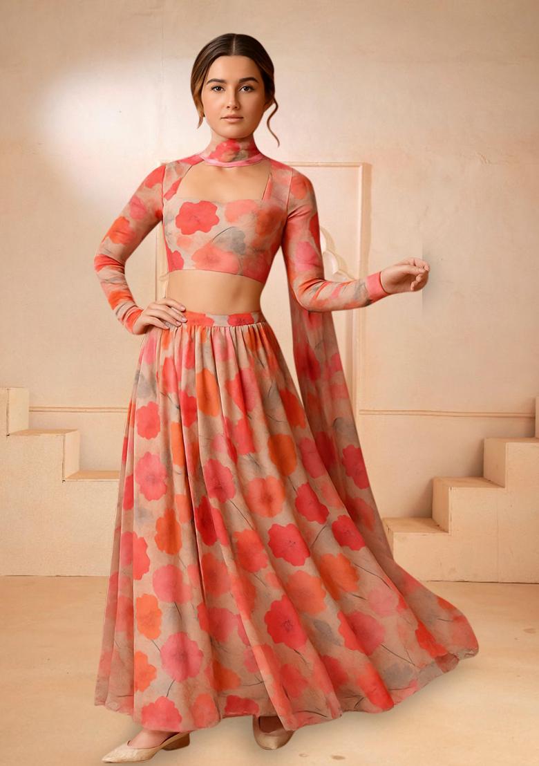Multi Printed Chiffon Lehenga Set