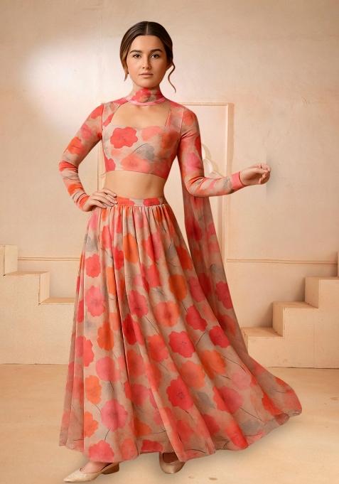 Multi Printed Chiffon Lehenga Set