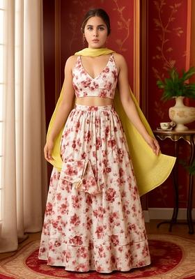 White Printed Chiffon Lehenga Set