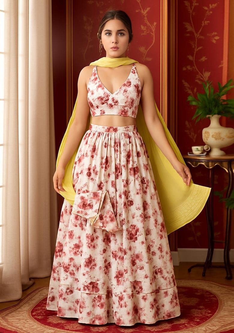 White Printed Chiffon Lehenga Set