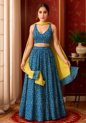 Blue Printed Chiffon Lehenga Set