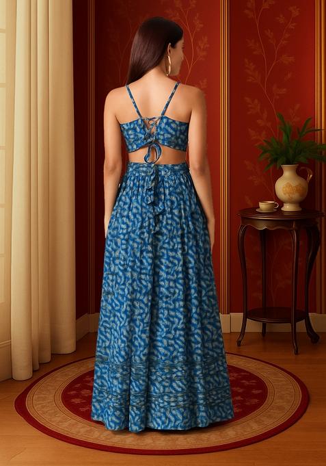 Blue Printed Chiffon Lehenga Set
