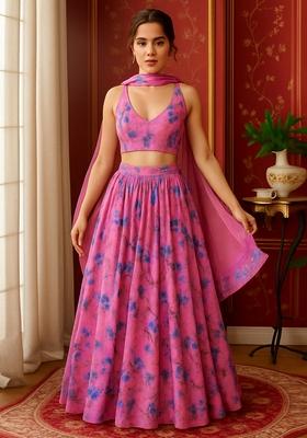 Classy Pink Printed Chiffon Lehenga Set