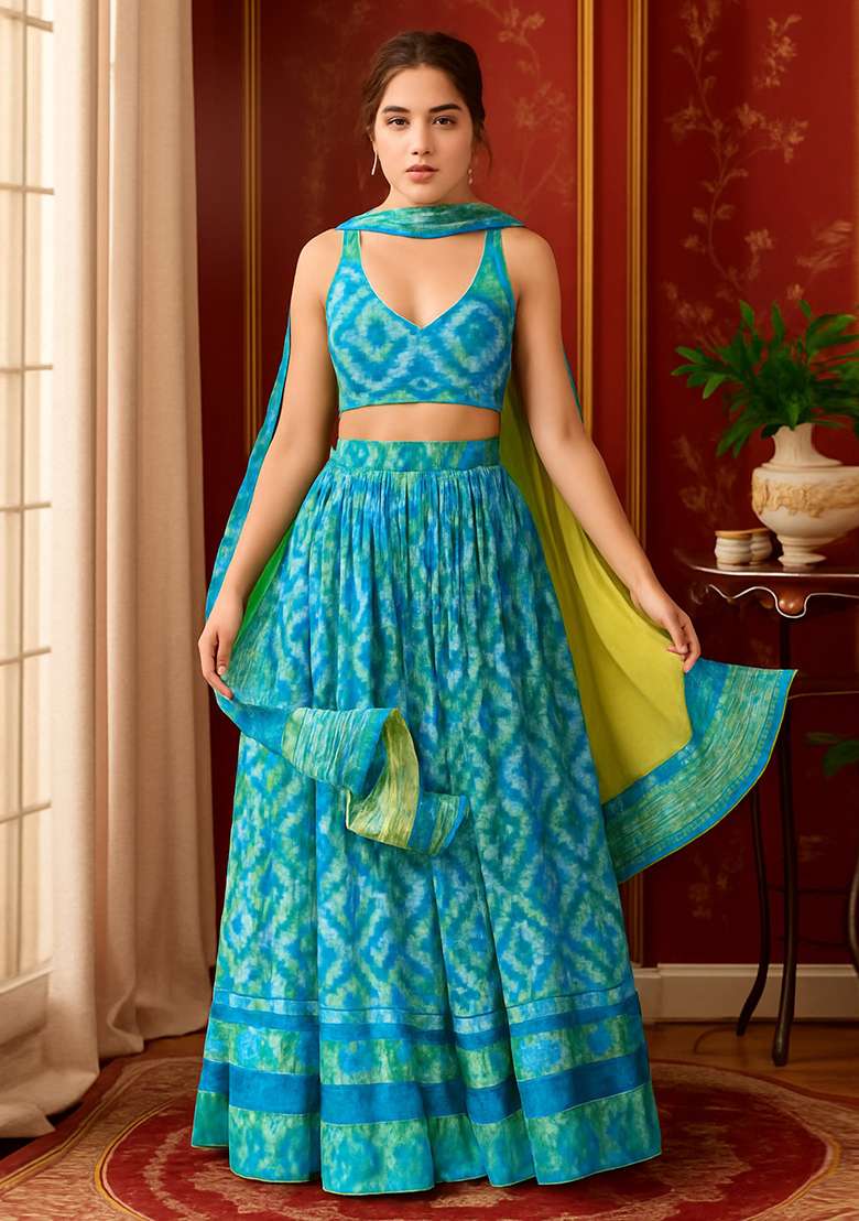 Blue Printed Chiffon Lehenga Set - Indya