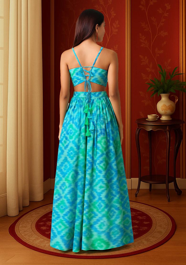 Blue Printed Chiffon Lehenga Set - Indya