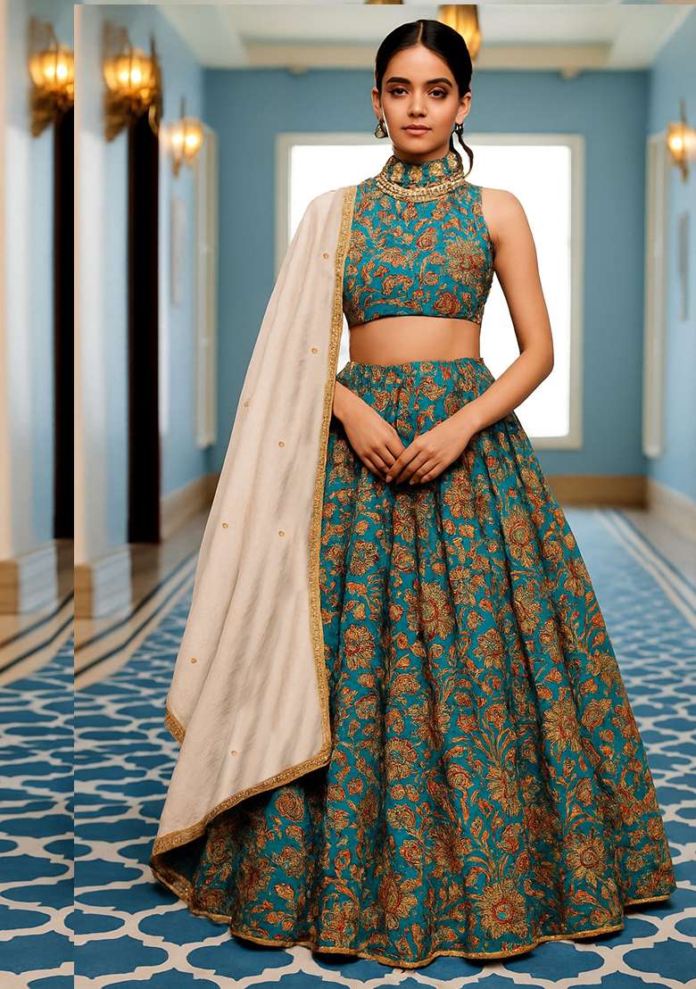 Powder Blue Printed Chiffon Lehenga Set for Diwali and Festive Wear - Indya