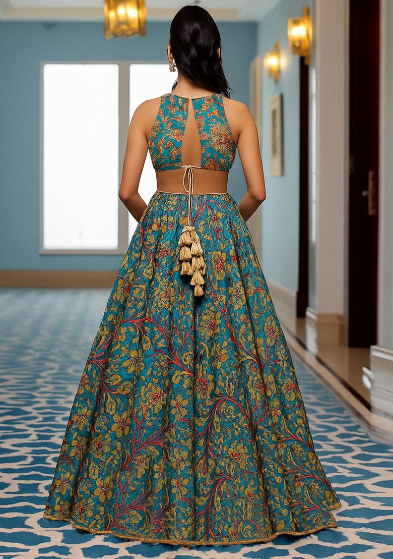 Powder Blue Printed Chiffon Lehenga Set - Indya