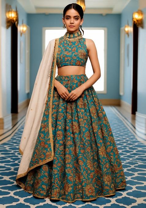 Powder Blue Printed Chiffon Lehenga Set