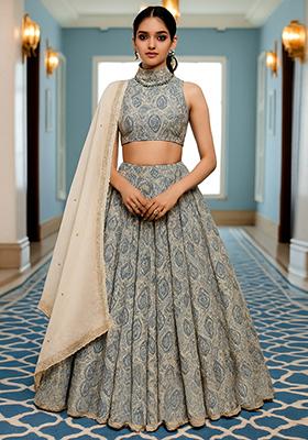 White Printed Chiffon Lehenga Set