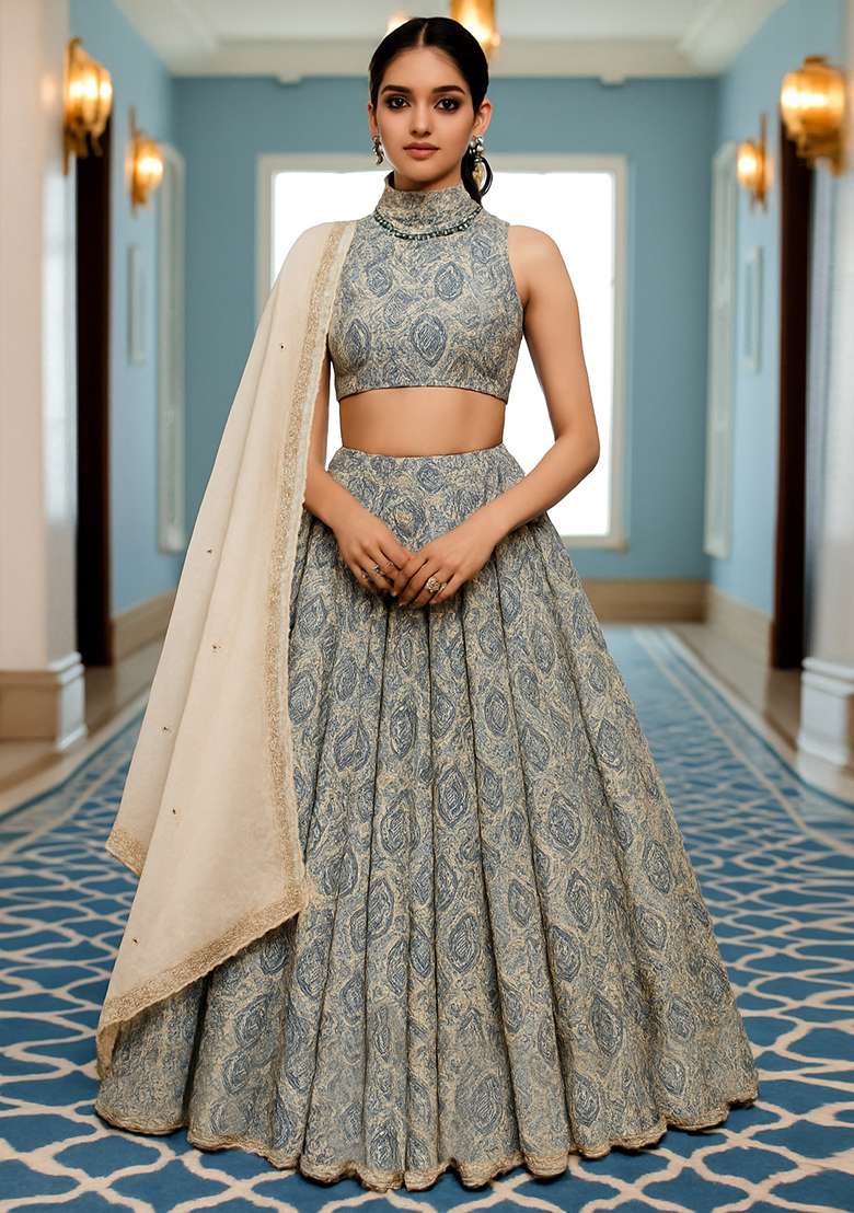 White Chiffon Lehenga Set with Printed for Diwali | Wedding & Festive Wear - Indya