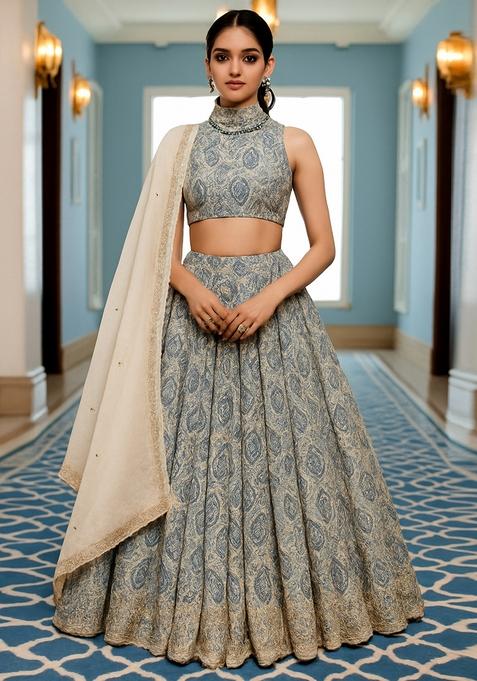 White Printed Chiffon Lehenga Set