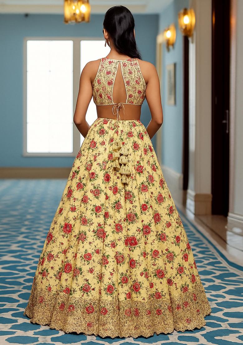 Yellow Printed Chiffon Lehenga Set - Indya