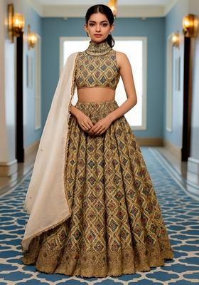 Beige Printed Chiffon Lehenga Set