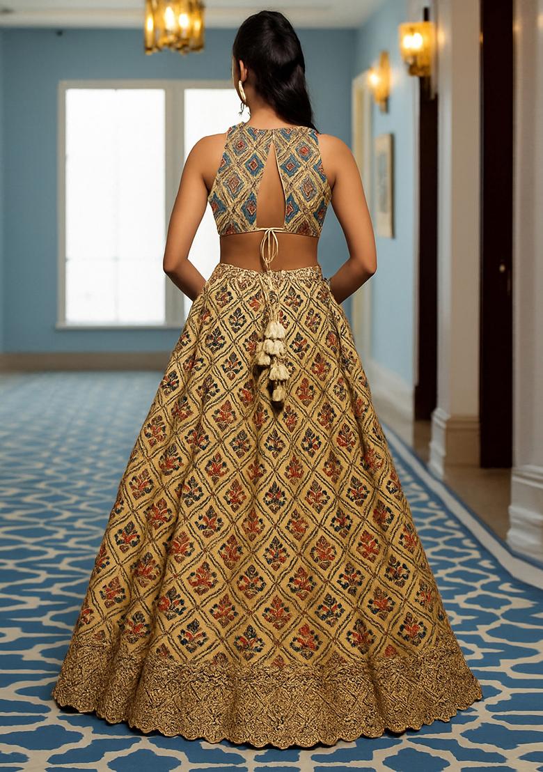 Beige Printed Chiffon Lehenga Set - Indya