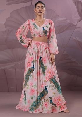 Light Pink Printed Georgette Crop Top Skirt Set