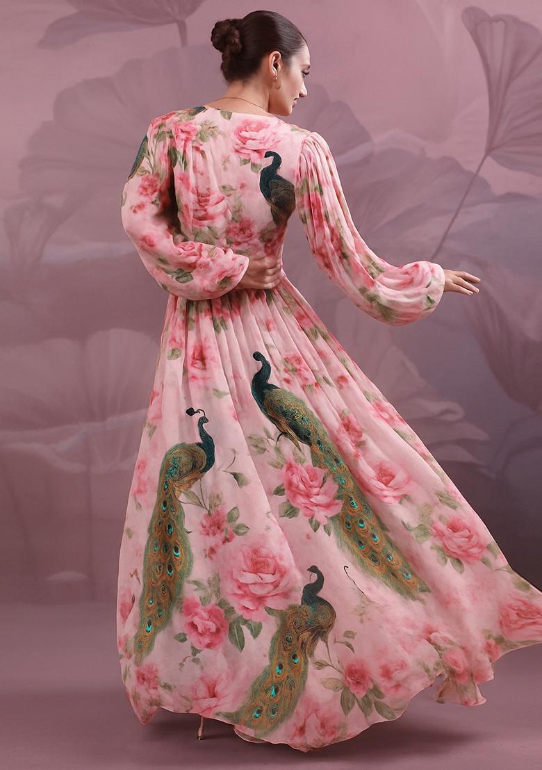 Light Pink Printed Georgette Crop Top Skirt Set