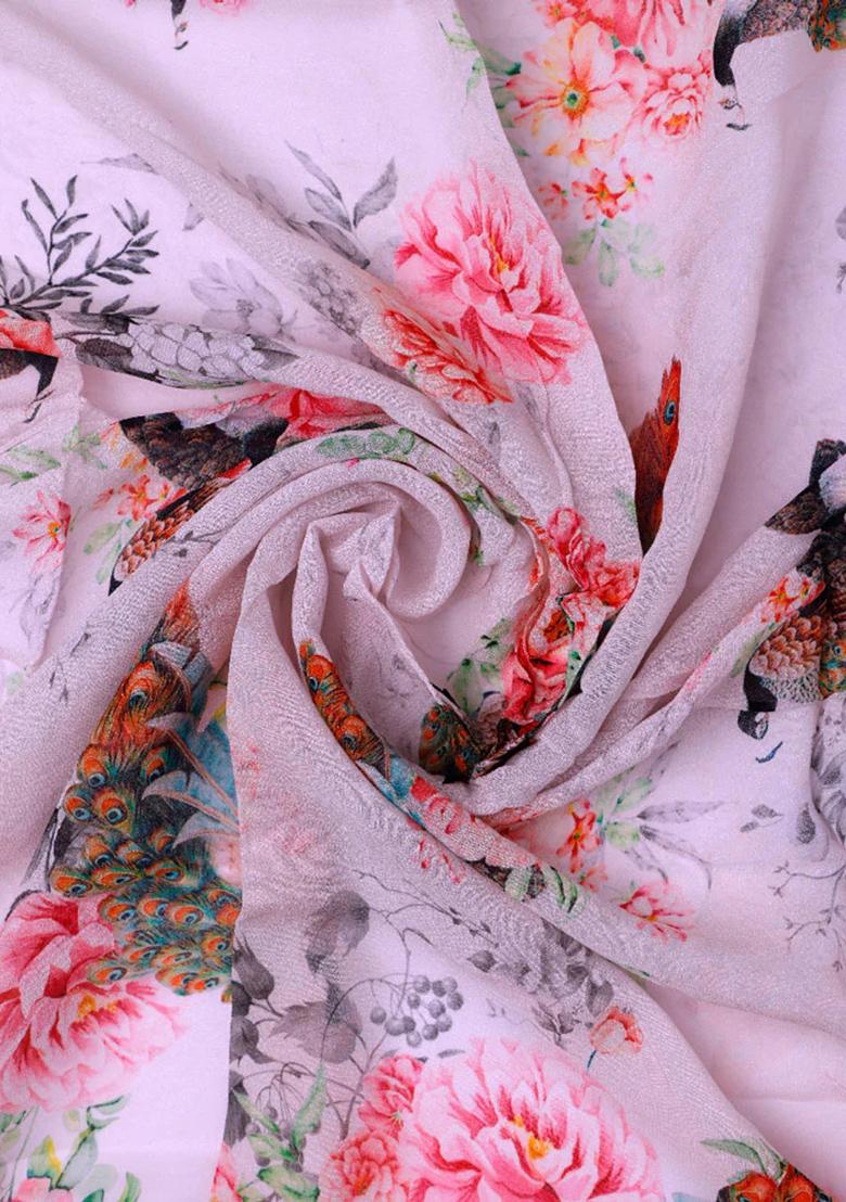 Light Pink Printed Georgette Crop Top Skirt Set