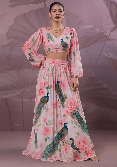 Light Pink Printed Georgette Crop Top Skirt Set